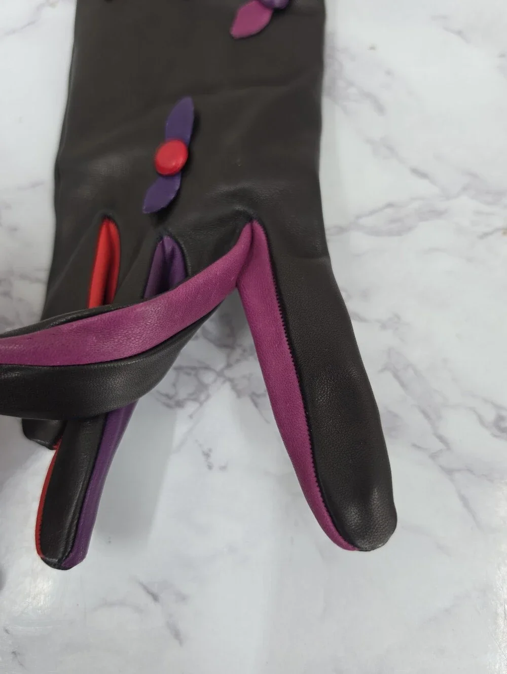 Vintage Black Leather Gloves with Purple & Red Accent Dress Or Driving Gloves